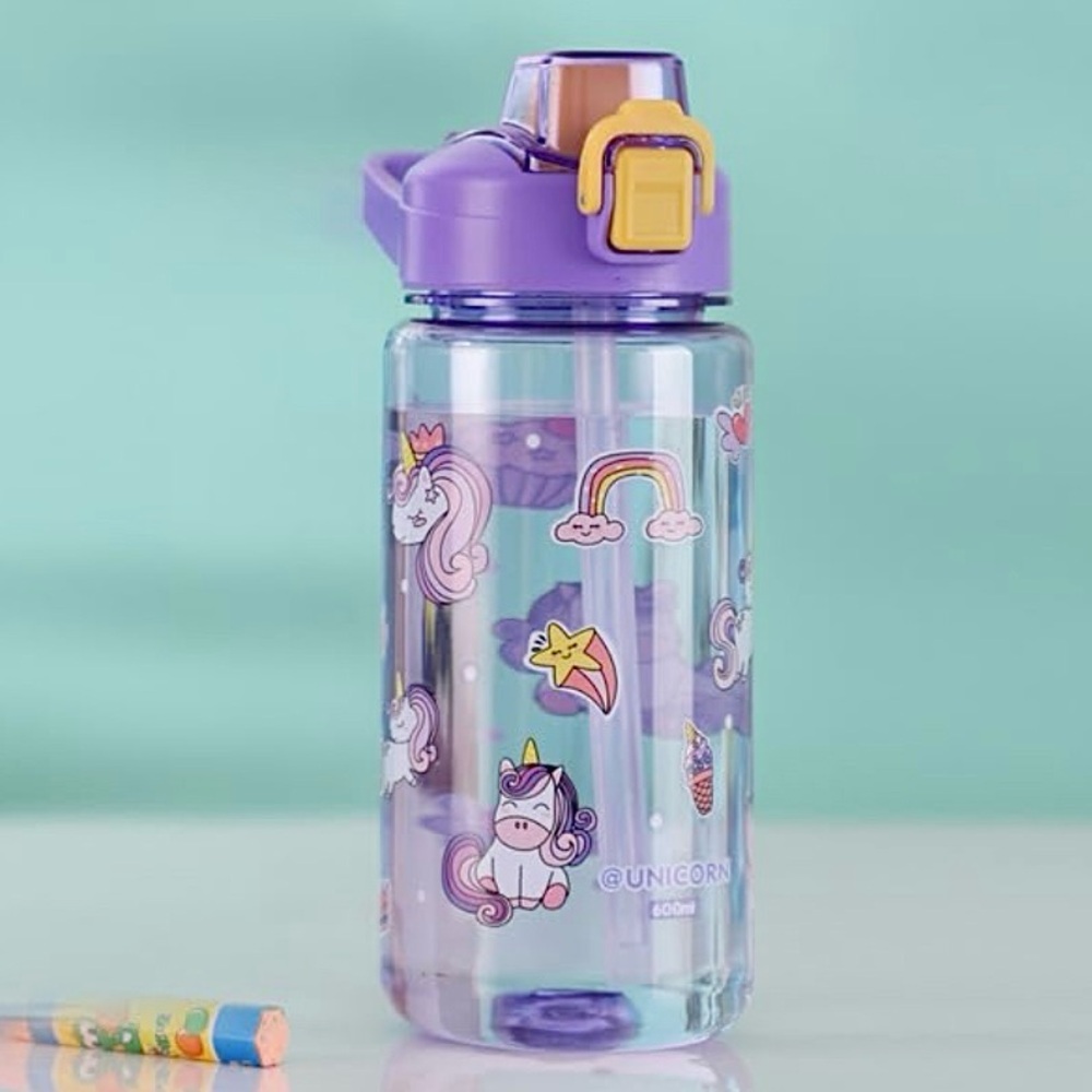 🆕- Kids Water Bottle with Silicone Straw and Spill-Proof Lid-Unicorns & Rainbows